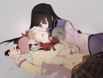  2girls akemi_homura black_hair blood blood_from_mouth bloody_clothes bow bowtie closed_eyes covering_eyes crying death hairband hand_on_another&#039;s_face injury kaname_madoka long_sleeves lying mahou_shoujo_madoka_magica multiple_girls parted_lips pink_hair plaid plaid_skirt red_bow sad school_uniform sketch skirt torn_clothes xenos 