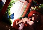  1girl apple barefoot bloomers brown_eyes brown_hair butterfly detached_sleeves food from_behind fruit highres japanese_clothes leg_hug long_hair looking_back miko original pillow pointy_ears sitting smile solo underwear very_long_hair youko_(930921) 