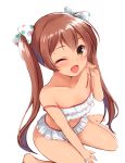  1girl :d ;d bare_shoulders barefoot between_legs bikini blush brown_eyes brown_hair don_(29219) fang frilled_bikini frills hair_ribbon hand_between_legs kantai_collection libeccio_(kantai_collection) long_hair looking_at_viewer one_eye_closed open_mouth ribbon simple_background sitting smile solo swimsuit twintails wariza white_background 