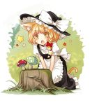  1girl animal_ears apron blonde_hair blush bow braid cat_ears cat_tail commentary_request eyebrows eyebrows_visible_through_hair fang hair_bow hair_ribbon hat hat_bow kemonomimi_mode kirisame_marisa kneeling mushroom open_mouth puffy_short_sleeves puffy_sleeves red_bow ribbon short_sleeves side_braid single_braid solo sparkle star tail touhou tree_stump tress_ribbon uruu_gekka v_arms waist_apron white_apron white_bow witch_hat 