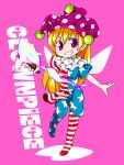 1girl american_flag_dress american_flag_legwear blonde_hair byourou character_name clenched_teeth clownpiece fairy_wings full_body grin hat jester_cap leg_lift pink_background red_eyes smile solo teeth torch touhou wings 