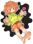  1girl bare_legs barefoot blush_stickers breasts brown_hair chara_(undertale) feet heart long_sleeves messy_hair oyatsu_(mk2) shirt short_hair shorts small_breasts smile soles solid_oval_eyes solo striped toes turtleneck undertale white_background 