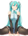  1girl abmayo aqua_eyes aqua_hair detached_sleeves hatsune_miku headset highres long_hair looking_at_viewer necktie sitting skirt solo thigh-highs twintails very_long_hair vocaloid wariza white_background 