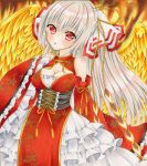  1girl albino bare_shoulders breasts chinese_clothes cleavage cleavage_cutout corset detached_sleeves fujiwara_no_mokou large_breasts layered_skirt pelvic_curtain petticoat red_eyes touhou traditional_media underbust wassmint white_hair wide_sleeves 