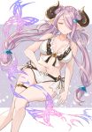  1girl alternate_costume bare_arms bare_legs bikini breasts cleavage closed_eyes demon_horns doraf front-tie_bikini front-tie_top gen_(gen_7254) granblue_fantasy hair_ornament hair_over_one_eye hand_on_own_stomach highres horns large_breasts lavender_hair long_hair low_twintails narumeia_(granblue_fantasy) navel parted_lips pointy_ears swimsuit thigh_strap thighs twintails white_bikini 