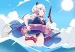  &gt;:( 1girl bare_arms blue_sky blue_swimsuit breasts cleavage closed_mouth clouds day doraf dynamite from_below frown granblue_fantasy gun handgun holding holding_gun holding_weapon horns innertube kumuyu large_breasts long_hair low_twintails ocean one-piece_swimsuit outdoors scrunchie silver_hair sky solo sun swimsuit thigh_strap twintails wading water weapon yellow_eyes yoru_(0046) 