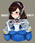  1girl adultonly artist_name bangs blush bodysuit bow bow_panties breasts brown_eyes brown_hair bunny_print d.va_(overwatch) facepaint facial_mark gloves grey_background headphones highres holding holding_panties looking_away looking_to_the_side medium_breasts overwatch panties pilot_suit ribbed_bodysuit signature simple_background solo sweat swept_bangs underwear upper_body whisker_markings white_gloves white_panties 