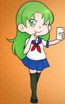  chibi green_eyes green_hair lowres midori_gurin_(yandere_simulator) phone school_uniform serafuku simple_background smile yandere_simulator 