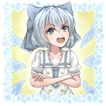  &gt;:d 1girl :d alternate_costume blue_eyes blue_hair border bow cirno crossed_arms hair_bow heart heart-shaped_pupils ice ice_wings large_bow looking_at_viewer necktie open_mouth shiroi_kawauso short_hair smile solo symbol-shaped_pupils touhou upper_body wings 