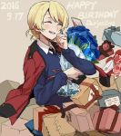  1girl 2016 bangs blonde_hair blue_sweater blush bouquet box braid closed_eyes darjeeling dated dress_shirt emblem flower gift gift_box girls_und_panzer hand_on_own_cheek happy_birthday holding jacket jacket_on_shoulders letters long_sleeves necktie pantyhose red_jacket ree_(re-19) ribbon school_uniform shirt short_hair smile solo sweater tied_hair twin_braids uniform v-neck white_shirt 