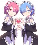  2girls azusa_(sukumizuya) blue_eyes blue_hair hair_ornament hair_over_one_eye heart heart_hands maid maid_headdress multiple_girls pink_hair pink_ribbon purple_ribbon ram_(re:zero) re:zero_kara_hajimeru_isekai_seikatsu rem_(re:zero) ribbon short_hair siblings sisters twins x_hair_ornament 