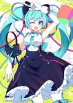  1girl ;d absurdres aqua_eyes aqua_hair arm_up cowboy_shot dress gloves hatsune_miku highres index_finger_raised long_hair microphone one_eye_closed open_mouth pantyhose smile solo twintails very_long_hair vocaloid white_gloves 
