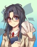  1girl bazooka_oiran black_hair blue_eyes book coat collared_shirt fur_trim glasses looking_at_viewer messy_hair necktie paper read_or_die shirt solo upper_body vest yomiko_readman 