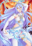  1girl aqua_(fire_emblem_if) arm_up blue_hair blurry depth_of_field detached_collar dress elbow_gloves fingerless_gloves fire_emblem fire_emblem_if gloves hair_between_eyes highres jewelry legband lolitaii long_hair mismatched_legwear pendant ribbon solo veil very_long_hair water white_dress white_gloves yellow_eyes 