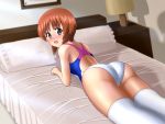  1girl ass bed blush brown_eyes brown_hair competition_swimsuit doutanuki girls_und_panzer lamp looking_at_viewer lying nishizumi_miho on_stomach one-piece_swimsuit shadow short_hair swimsuit thigh-highs 