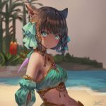  1girl animal_ears blue_eyes braid breasts brown_hair bustier cat_ears detached_sleeves facial_mark final_fantasy final_fantasy_xiv hair_ornament harem_outfit highres medium_breasts midriff miqo&#039;te momoko_(momopoco) navel short_hair slit_pupils solo twin_braids upper_body 