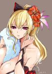  1girl 2016 alternate_eye_color bangs bare_shoulders between_breasts bikini black_bow blonde_hair bow breasts brown_background cleavage collarbone dated empty_eyes eyebrows eyebrows_visible_through_hair flower granblue_fantasy hair_between_eyes hair_bow hair_flower hair_ornament hibiscus high_ponytail large_breasts long_hair open_mouth otogi_(s_in_w) pink_eyes ponytail simple_background solo swimsuit towel vira water white_bikini 