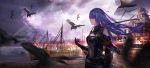  1girl aenrs architecture bare_shoulders bird blue_hair capelet city covered_navel crow east_asian_architecture flying highres red_eyes sheath sheathed ship solo sword water watercraft weapon wind 