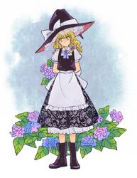  1girl apron arms_behind_back black_boots black_hat black_skirt black_vest blonde_hair blue_background blue_bow blue_bowtie boots bow bowtie braid flower full_body hair_ribbon hat hat_bow kirisame_marisa natsume_(menthol) petticoat puffy_short_sleeves puffy_sleeves purple_flower rain ribbon rubber_boots short_sleeves single_braid skirt solo standing touhou tress_ribbon waist_apron white_apron white_bow witch_hat yellow_eyes 