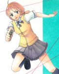  1girl ahoge ansatsu_kyoushitsu gun handgun hayami_rinka kankichi looking_at_viewer orange_hair pistol school_uniform skirt solo weapon 