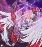  ahoge angel angel_wings boots clouds gisela_the_broken_blade gloves korican long_hair magic:_the_gathering miniskirt pink_eyes pink_hair pleated_skirt red_boots shirt skirt sky smile tentacles thighs wings 