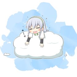  1girl blouse braid clouds commentary goma_(yoku_yatta_hou_jane) hair_between_eyes headband highres kantai_collection long_hair sidelocks sky sleeping translated white_hair wrist_cuffs yamagumo_(kantai_collection) 