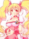  1girl arakawa_tarou blonde_hair breasts choker cleavage cure_peach earrings fresh_precure! highres jewelry long_hair looking_at_viewer magical_girl medium_breasts momozono_love mouth_hold pink_eyes precure solo twintails 