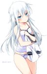  1girl bare_arms bare_legs bare_shoulders blue_eyes blush camisole collarbone hibiki_(kantai_collection) highres holding_clothes kantai_collection long_hair looking_at_viewer moca_blanc panties pout simple_background solo underwear white_background white_hair white_panties 
