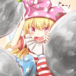  1girl american_flag_legwear american_flag_shirt blonde_hair blush clownpiece commentary_request fang frilled_shirt_collar frills hat jester_cap long_hair looking_at_viewer open_mouth pantyhose pink_hair polka_dot short_sleeves solo star star_print striped tamasan tears touhou 