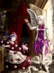  2girls amibazh angel annunciation arm_up bangs bed blue_eyes blue_hair book boots bow bowtie candle candlestand canopy_bed clouds collared_shirt column curtains door doremy_sweet dress dress_shirt feathered_wings flower flower_pot full_body hat indoors jacket kishin_sagume long_sleeves multiple_girls pillar purple_dress purple_shirt red_bow red_bowtie red_eyes shirt single_wing standing tagme touhou vase white_hair white_jacket white_wings wings 
