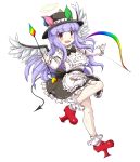  1boy :d arrow bird_wings bobby_socks bow bow_(weapon) bowtie demon_tail fang full_body geta halo hat highres huyusilver long_hair looking_at_viewer mrs._estacion open_mouth oshiromi_reshino otoko_no_ko purple_hair red_eyes shoes skirt smile socks solo standing standing_on_one_leg tail tengu-geta very_long_hair weapon wings 