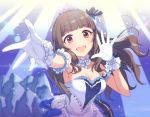  1girl blurry blush breasts brown_hair clock depth_of_field dress gloves idolmaster idolmaster_cinderella_girls idolmaster_cinderella_girls_starlight_stage kamiya_nao long_hair looking_at_viewer open_mouth red_eyes smile solo starry_sky_bright tiara veryberry00 