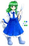  1girl blush boots detached_sleeves frog_hair_ornament full_body green_eyes green_hair hair_ornament huyusilver kochiya_sanae long_hair long_skirt oonusa oota_jun&#039;ya_(style) palette parody skirt smile snake_hair_ornament solo style_parody touhou umbrella 