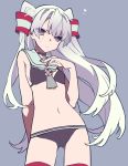  1girl adapted_costume amatsukaze_(kantai_collection) arm_behind_back ass ass_visible_through_thighs bare_shoulders bikini commentary_request grey_background hair_tubes highres kantai_collection lifebuoy long_hair looking_at_viewer navel red_legwear sailor_bikini sailor_collar silver_hair simple_background solo swimsuit thigh_gap thighs twitter_username two_side_up windsock yamada_kei 
