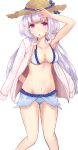  1girl :o absurdres arm_behind_back arm_up armpits bare_arms bare_legs bare_shoulders bikini blush breasts brown_hat cleavage collarbone eleanor_(merc_storia) eyebrows eyebrows_visible_through_hair frilled_bikini frills hat highres jacket jacket_on_shoulders kinryuu lavender_hair long_hair long_sleeves looking_at_viewer medium_breasts merc_storia navel open_clothes open_jacket open_mouth pink_eyes pink_jacket simple_background solo standing stomach straw_hat swimsuit thighs very_long_hair white_background white_bikini_top 