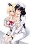  2girls black_hair blonde_hair blue_eyes blush breasts cleavage closed_eyes commentary_request crown dress female_admiral_(kantai_collection) gloves hairband hat highres hug hug_from_behind jewelry kantai_collection large_breasts long_hair matsuryuu military military_uniform mini_crown mole mole_under_mouth multiple_girls naval_uniform necklace off_shoulder peaked_cap revision sitting sweatdrop thigh-highs uniform warspite_(kantai_collection) wavy_mouth white_gloves white_legwear yuri zettai_ryouiki 