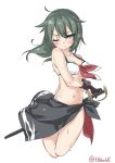  1girl arm_behind_back bare_arms bare_shoulders bikini blush breasts brown_gloves cleavage closed_mouth collarbone cowboy_shot cropped_legs ebifurya front-tie_top frown gloves green_hair grey_eyes groin highres kantai_collection kiso_(kantai_collection) long_hair looking_at_viewer medium_breasts navel one_eye_closed sarong scar scar_across_eye sheath sheathed simple_background solo stomach sweat swimsuit sword twitter_username weapon white_background 