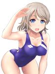  1girl absurdres arm_up blue_eyes blue_swimsuit blush breasts brown_hair competition_swimsuit covered_navel highres inanaki_shiki looking_at_viewer love_live! love_live!_sunshine!! one-piece_swimsuit open_mouth salute short_hair simple_background smile solo swimsuit watanabe_you water wet white_background 