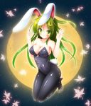  1girl alternate_breast_size animal_ears breasts bunny_tail bunnysuit cleavage crescent crescent_hair_ornament full_moon green_eyes green_hair hair_ornament hands_up highres kantai_collection long_hair moon nagatsuki_(kantai_collection) osashin_(osada) pantyhose rabbit_ears tail 