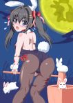  1girl :3 :o =_= alternate_hairstyle animal_ears ass back bare_shoulders black_hair blue_eyes blush bunny_tail bunnysuit burn_scar detached_collar dorei_to_no_seikatsu_~teaching_feeling~ fake_animal_ears fishnet_pantyhose fishnets flying_sweatdrops from_behind full_moon hair_ornament hair_ribbon hairclip kine leaning_forward long_hair looking_at_viewer looking_back mallet moon night open_mouth pantyhose rabbit rabbit_ears ribbon scar solo sylvie_(dorei_to_no_seikatsu) tail takahiko twintails wrist_cuffs yellow_moon 
