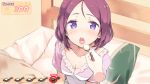  1girl bed disembodied_limb fake_screenshot feeding looking_at_viewer new_game! open_mouth pillow porridge purple_hair red_eyes short_hair sitting solo spoon star sweat tooyama_rin u-ichi 