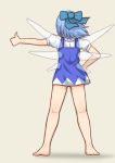  1girl ass barefoot blue_dress blue_hair brown_background cirno dress from_behind full_body hair_ribbon hand_on_hip ice ice_wings iromeki_overdrive kneepits microdress outstretched_arm puffy_short_sleeves puffy_sleeves ribbon shirt short_dress short_hair short_sleeves simple_background sleeveless sleeveless_dress solo thumbs_up touhou white_shirt wind wings 
