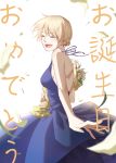  1girl 2016 absurdres artist_name bare_arms bare_shoulders blonde_hair blue_dress blush bouquet breasts closed_eyes darjeeling dated dress flower girls_und_panzer happy_birthday highres neiigal shoulder_blades sideboob smile solo translation_request 