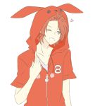  1boy ;) adjusting_clothes animal_hood bunny_hood hazuki_you_(tsukiuta) hood hooded_jacket jacket looking_to_the_side male_focus number one_eye_closed redhead ren_(friends-love) simple_background smile solo tsukiuta upper_body white_background 