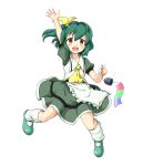  1girl :d apron ascot dress full_body green_hair highres huyusilver looking_at_viewer loose_socks mary_janes mrs._estacion open_mouth orange_eyes shoes side_ponytail smile socks solo tanabata_furin tareme waist_apron waving wind_chime 
