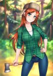  1girl axe breasts burbur collarbone denim forest freckles fur_hat gravity_falls green_eyes hat jeans long_hair looking_at_viewer medium_breasts nature pants redhead shirt smile solo ushanka weapon wendy_corduroy 