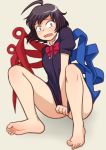  1girl ahoge barefoot black_hair black_shirt bottomless bow breasts constricted_pupils dress dress_tug embarrassed feet houjuu_nue iromeki_overdrive legs looking_at_viewer medium_breasts open_mouth red_eyes shirt shirt_pull short_hair soles solo tearing_up thighs toes touhou 