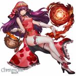  bracelet cauldron china_dress chinese_clothes danann dress earrings fireball gloves high_heels jewelry lips long_hair looking_at_viewer magic purple_hair side_slit simple_background smile thigh-highs violet_eyes white_background wide_hips 