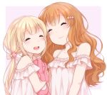  2girls :3 ^_^ bare_shoulders blonde_hair blush closed_eyes eyebrows eyebrows_visible_through_hair futaba_anzu hair_ornament idolmaster idolmaster_cinderella_girls long_hair moroboshi_kirari multiple_girls ninomiya2339 open_mouth orange_hair smile star star_hair_ornament stuffed_animal stuffed_bunny stuffed_toy twintails 