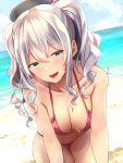  1girl absurdres baffu beach beret bikini blue_eyes blue_sky blush breasts cleavage clouds collarbone commentary_request hat highres kantai_collection kashima_(kantai_collection) large_breasts leaning_forward long_hair looking_at_viewer navel ocean open_mouth outdoors red_bikini sand sidelocks silver_hair sky smile solo swimsuit tsurime twintails water wavy_hair wet 